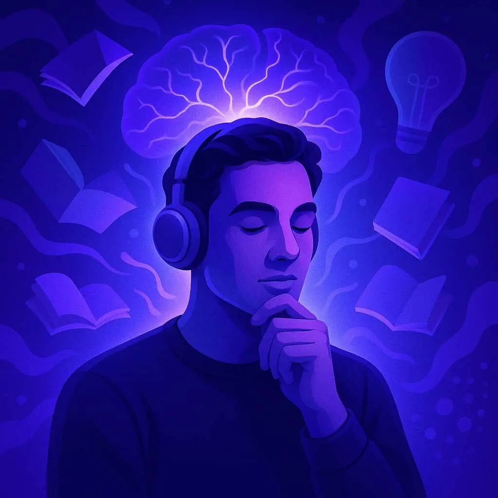 a man wearing headphones and holding his chin